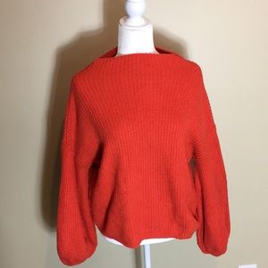 Orange Knit Sweater w/ Boat Neck & Balloon Sleeves